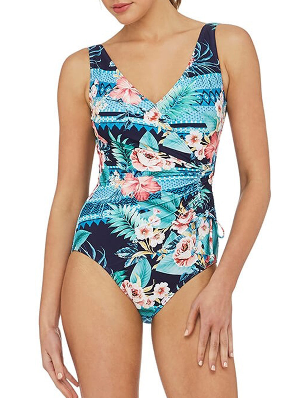 Women High Neck Side Tie Floral Mesh Tankini Set